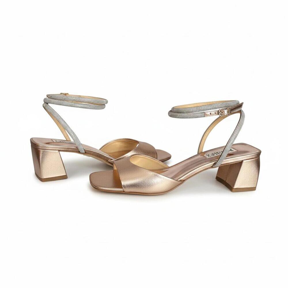 Badgley Mischka “Infinity” Rose Gold Rhinestone Block Heel Sandals – 8.5 – New
